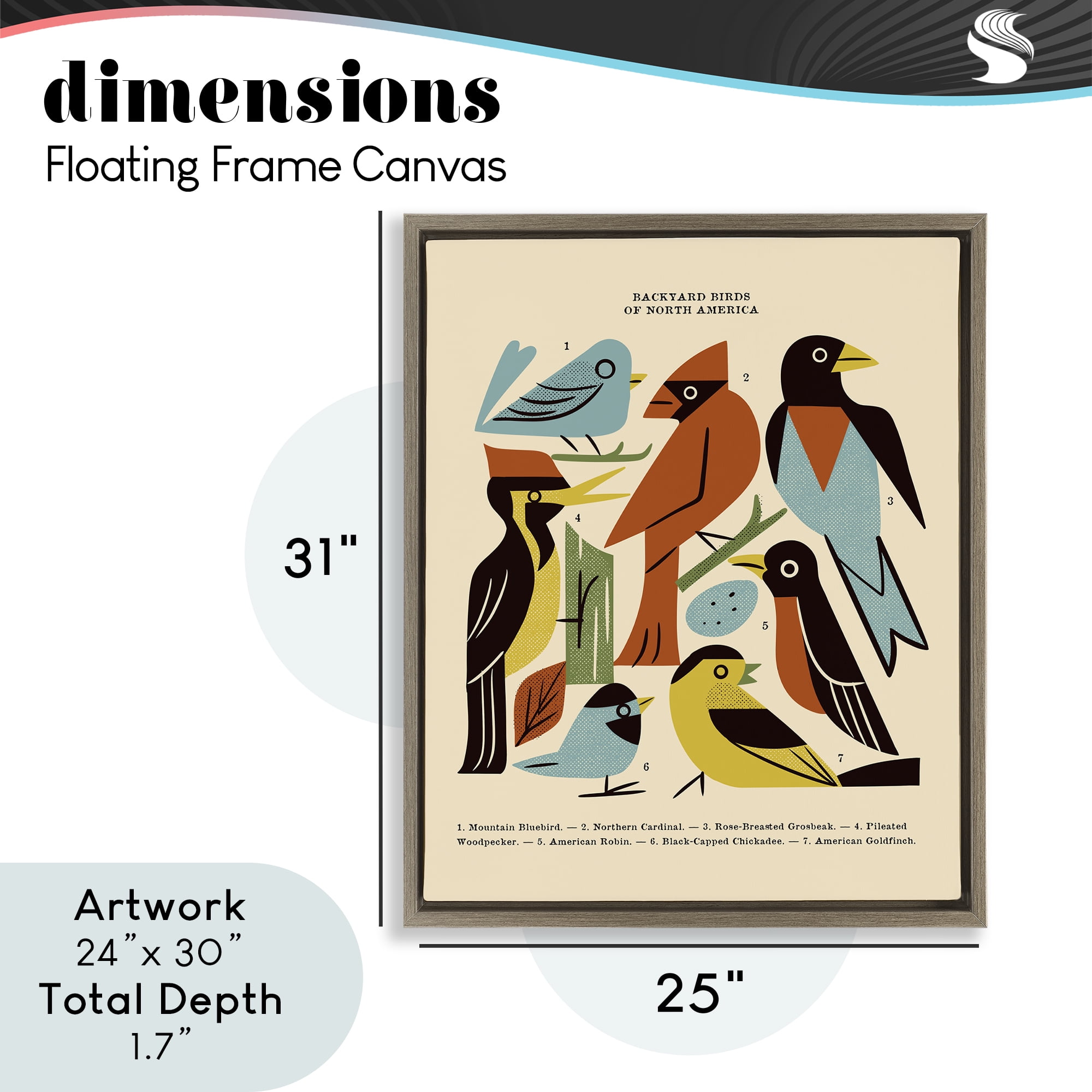 Backyard Birds Midcentury Modern Brown Framed Floater Canvas Wall Art, design by Renea L. Thull