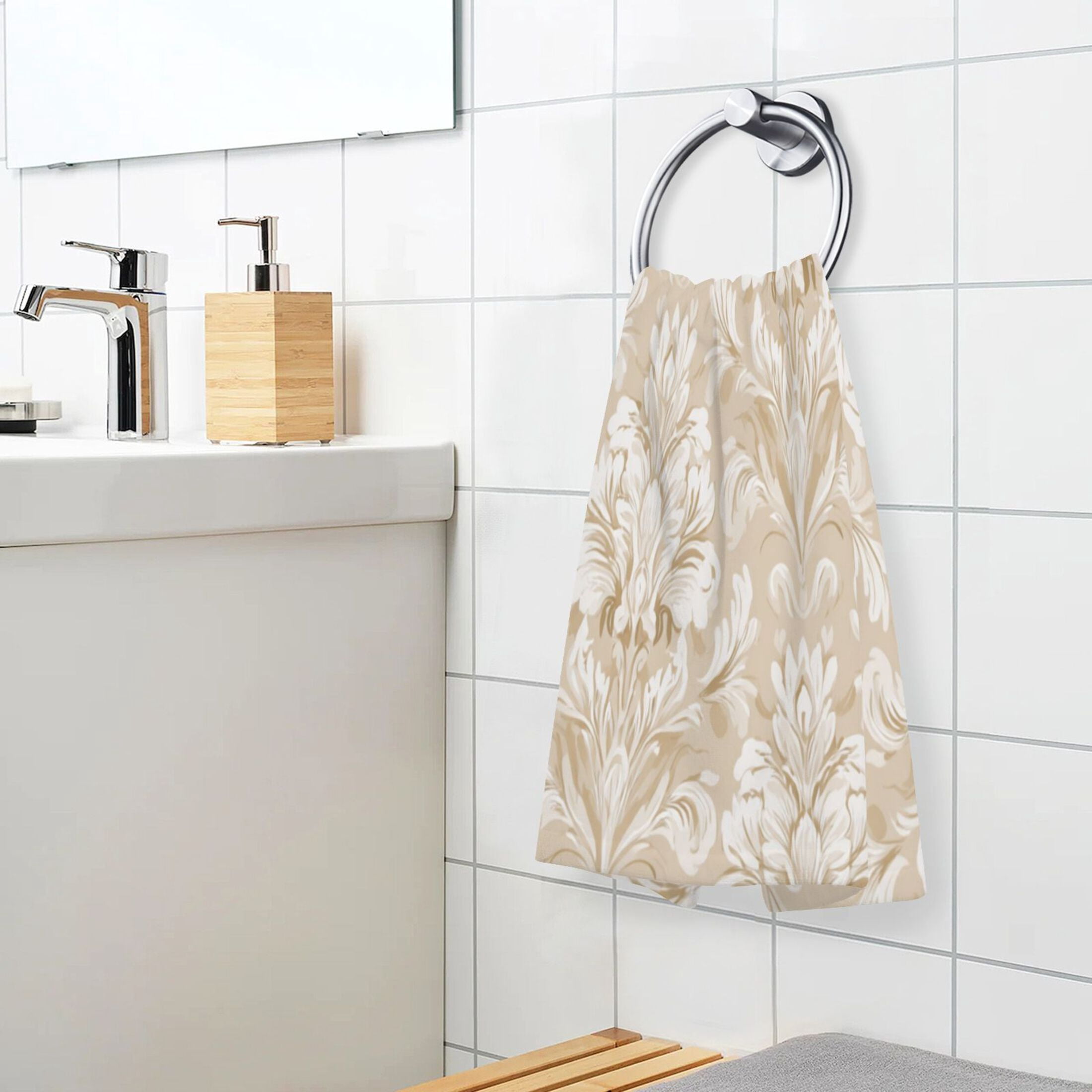 2 Pieces of Cotton Towel Face Towel Set Hand Towel Bath Towel Cotton Bath Towel Sets Beige Damask Pattern White