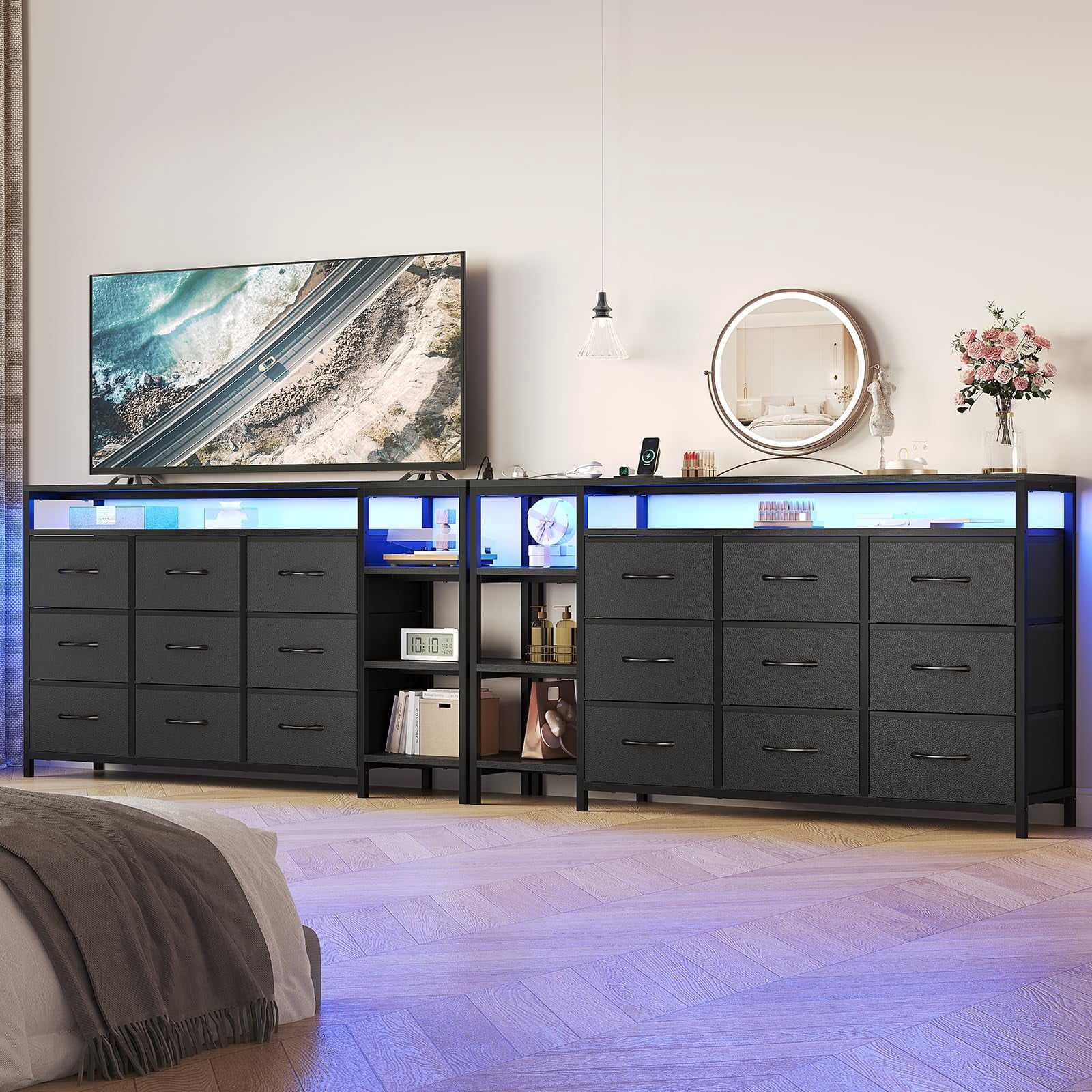 9 Drawers Dressers with LED Lights & Powers Outlets, 53" TV Stand Dresser for 60 Inch TV, Entertainment Center with Drawers & Open Shelves for Living Room, Bedroom, PU Black
