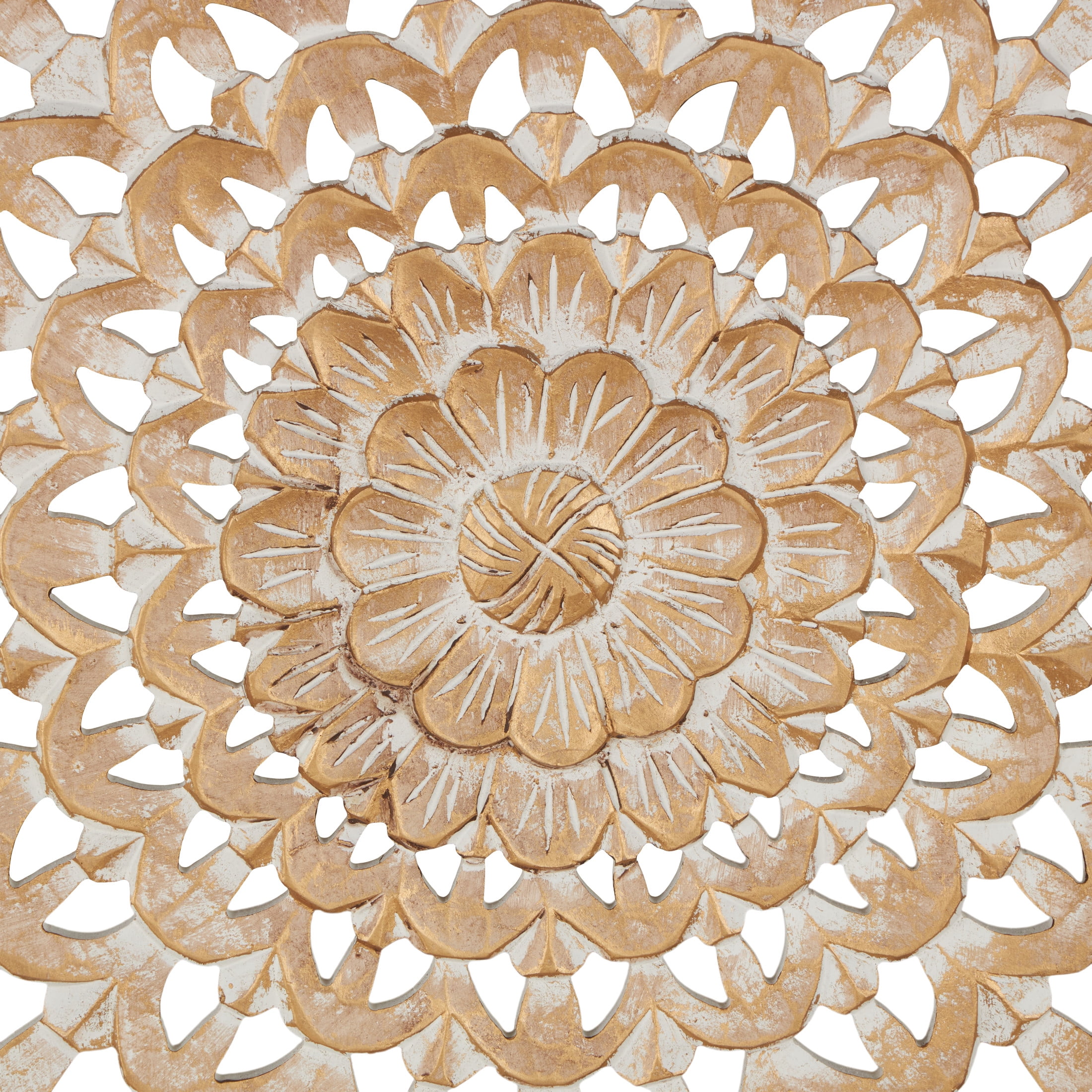 DecMode Traditional Carved Wood Floral Patterned Wall Décor with Brown/White Distressed Finish, 36"W x 36"H