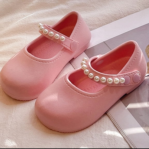 Girls Mary Jane Shoes with Pearl Strap, Closed Toe Dress Flats for Toddler/Little Girls Pink 8.5