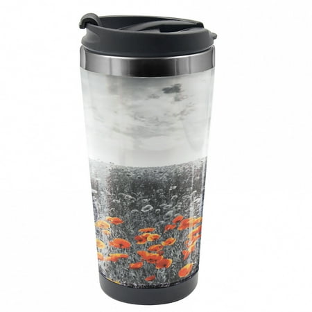 

Poppy Travel Mug Flower Field Greyscale Design Steel Thermal Cup 16 oz by Ambesonne