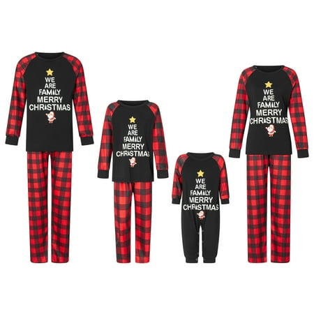 

Christmas Pajamas for Family Long Sleeve Santa Tree Print Tops + Plaid Pants Set Winter Sleepwear