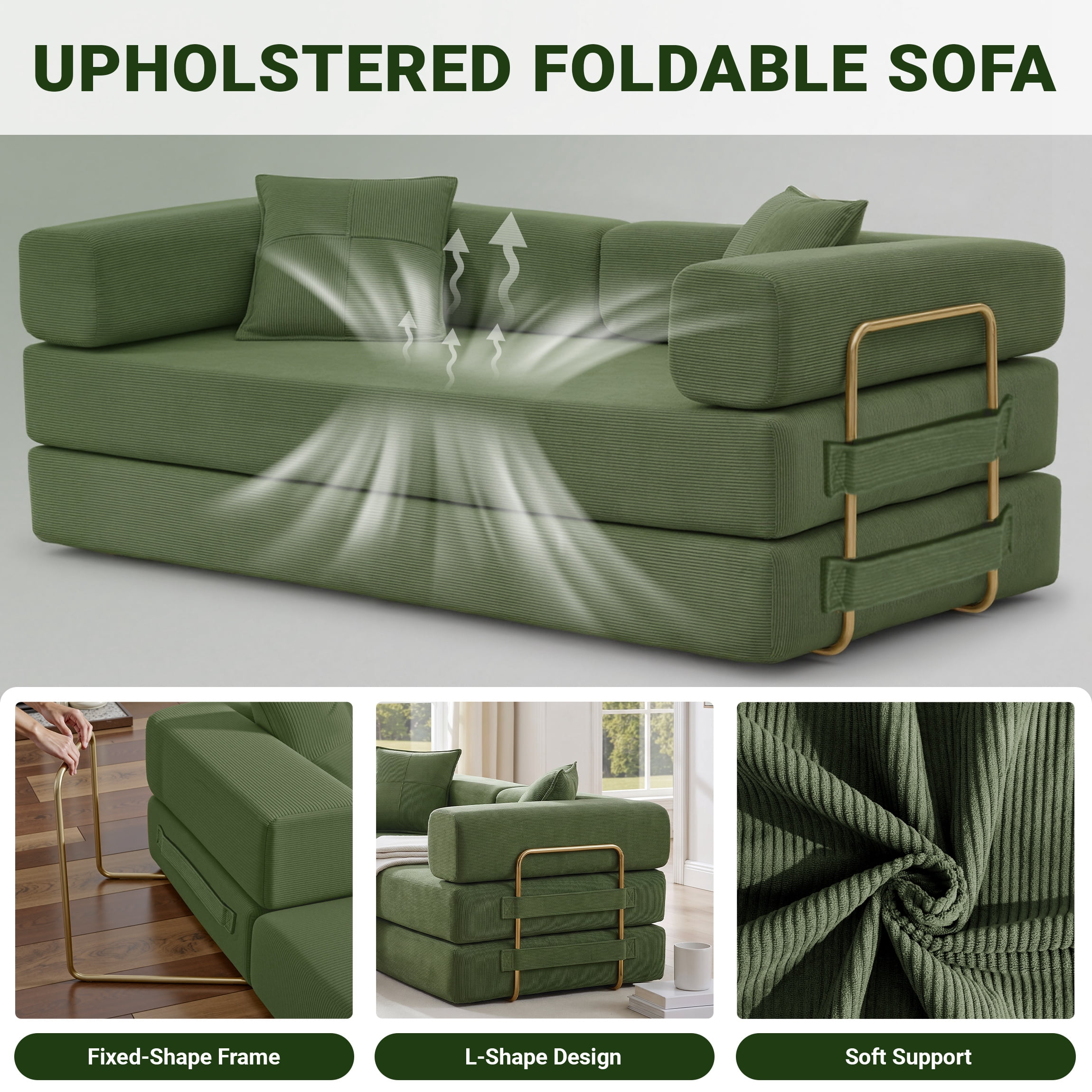 Vanress 79" Convertible Sofa Bed, Folding Sleeper Sofa Couch Bed with Fixed-Shape Frame, Fold Out Sleeper Loveseat, Corduroy Boneless Futon Bed, No Assembly Required for Living Room & Bedroom, Green