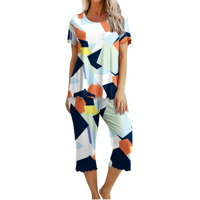 Ensemble de Pyjama pour Femmes Shorts Femmes Imprimé Col Rond Manches Courtes Chemise de Nuit et Ensembles Pantalon Tenue d'Intérieur Pyjamas avec Poches Hauts à Manches Courtes pour Femmes Ensemble de Pyjama pour Femmes Été