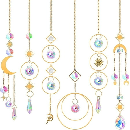 

6 Pieces Colorful Crystals Suncatcher | Hangings Sun Catcher with Chain Pendant | Rainbow Maker Crystal Ornament for Window Home Garden Party Wedding Decoration