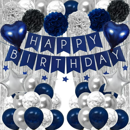 Navy Sliver Birthday Decorations 54 Pieces Birthday Decorations Kit with  Foil Balloons,Silver Tinsel Fringe Foil Curtains for Men Women Boys Grils  Navy Blue Silver Birthday Party 