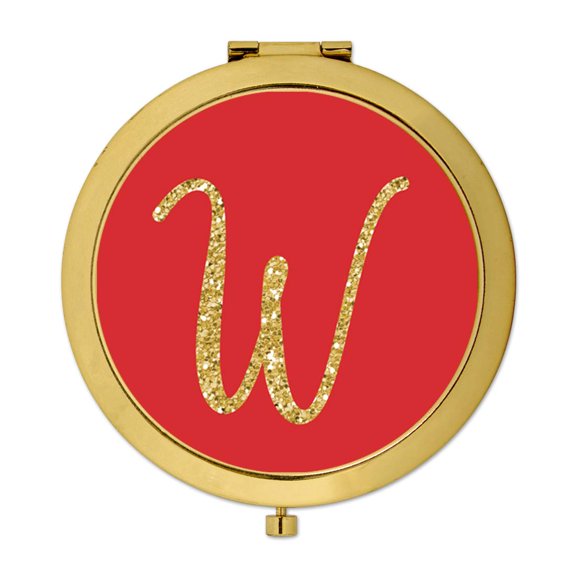 Koyal Wholesale Gold Compact Mirror Bridesmaid's Wedding Gift, Red with Faux Gold Glitter, Monogram Letter W, 1-Pack