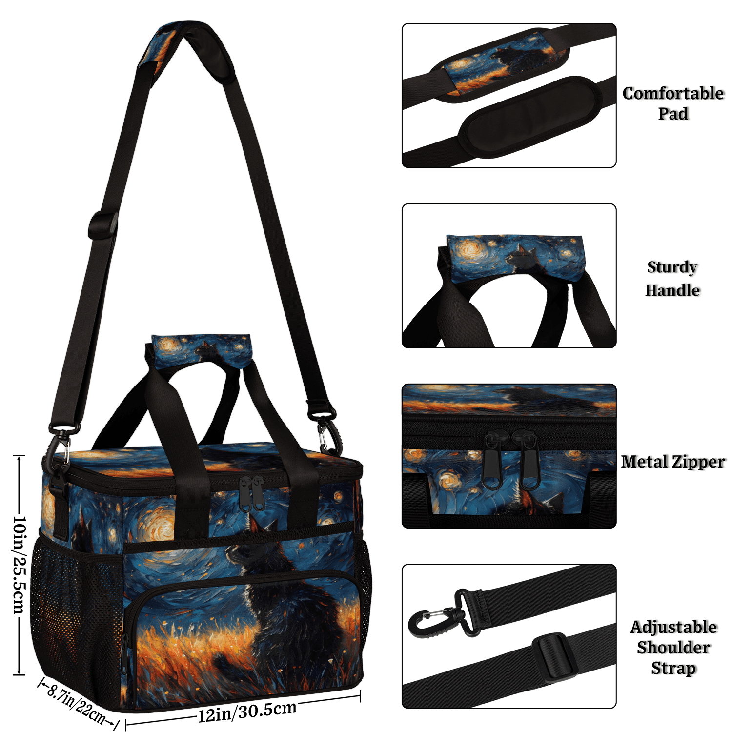 Herdesigns Night Black Cat Large Lunch Box for Adults Women Men with Adjustable Shoulder Strap, Insulated Reusable Lunch Bag Leakproof Cooler Tote Bag