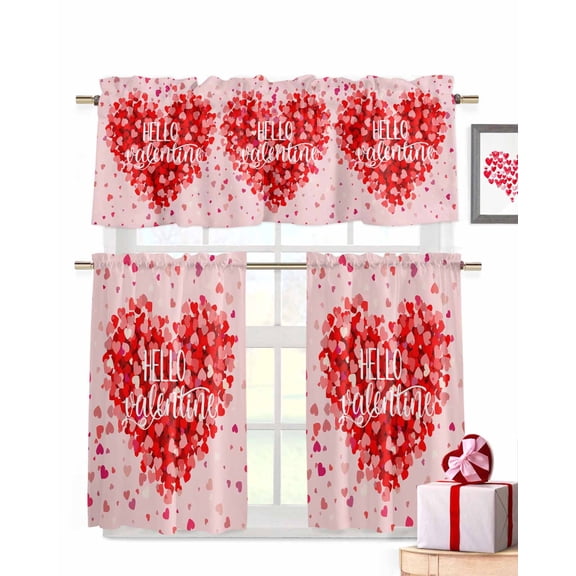 Valentine's Day Kitchen Curtains Valances and Tiers Set of 3, 24 Inch Length Tier Curtains and Valance Rod Pocket Valance Curtains Set for Kitchen Bathroom Small Windows