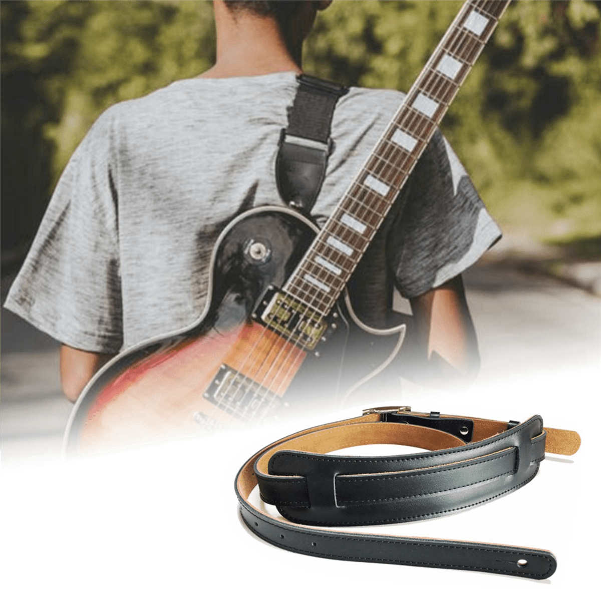 3X Leather and Metal Buckle Electric Guitar Strap Belt Shoulder Pad Adjustable Vintage Guitar Straps-Black Color