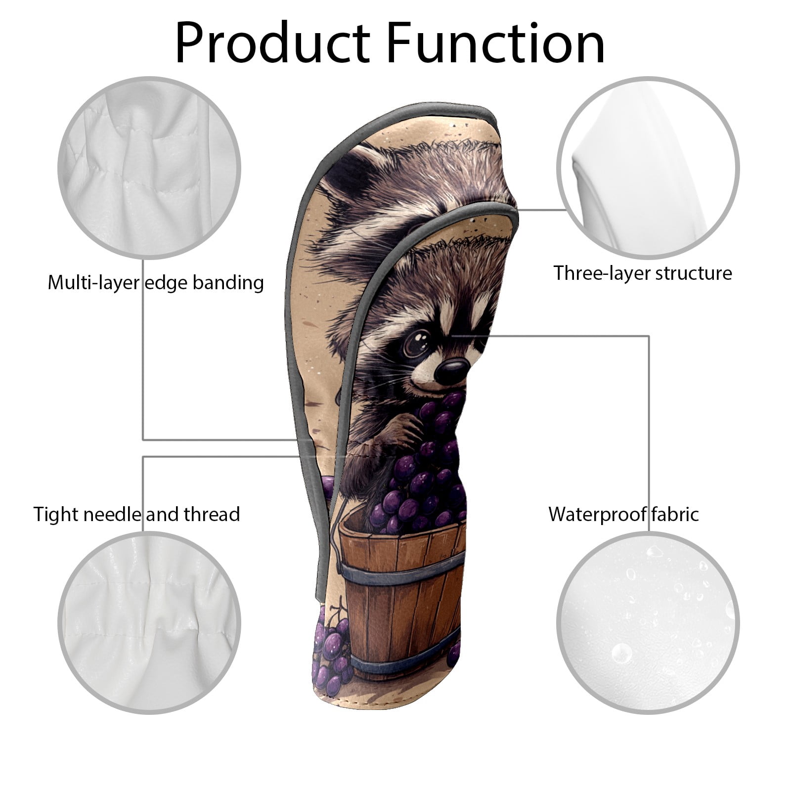 Golf Club Covers PU Leather Waterproof Head Covers for Fairway Woods Hybrids Brown Raccoon Grapes