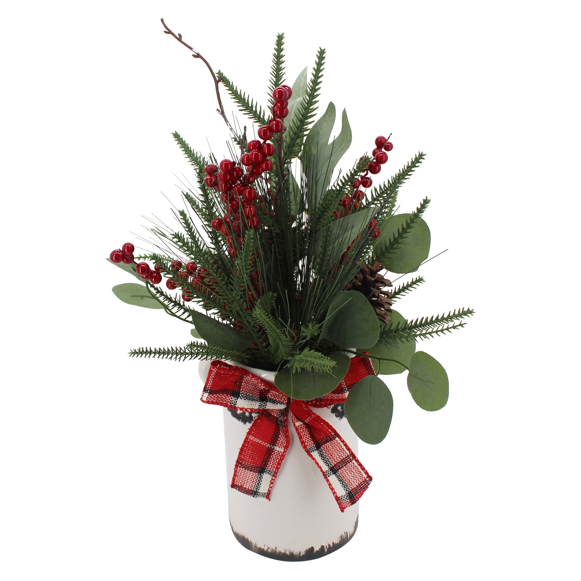 Holiday Time 17” Christmas Artificial Floral Arrangement in White Ceramic Jug, Green