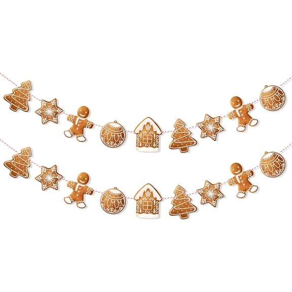 2 Pack Gingerbread Theme Garland Banner Christmas Hanging Decorations Tree Ornaments Christmas Bunting Banner for Xmas Party Holiday Home Wall Decor