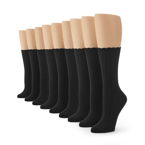 No nonsense Women's Scallop Pointelle Crew Sock, Black - 9 Pair Pack, One Size