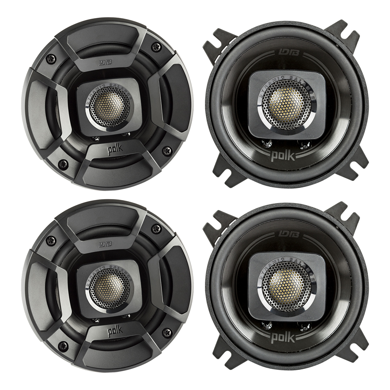 2 Pairs (QTY 4) of Polk Audio DB402 4" 135W Black 2-Way Coaxial Car Speakers + Keychain - image 1 of 2