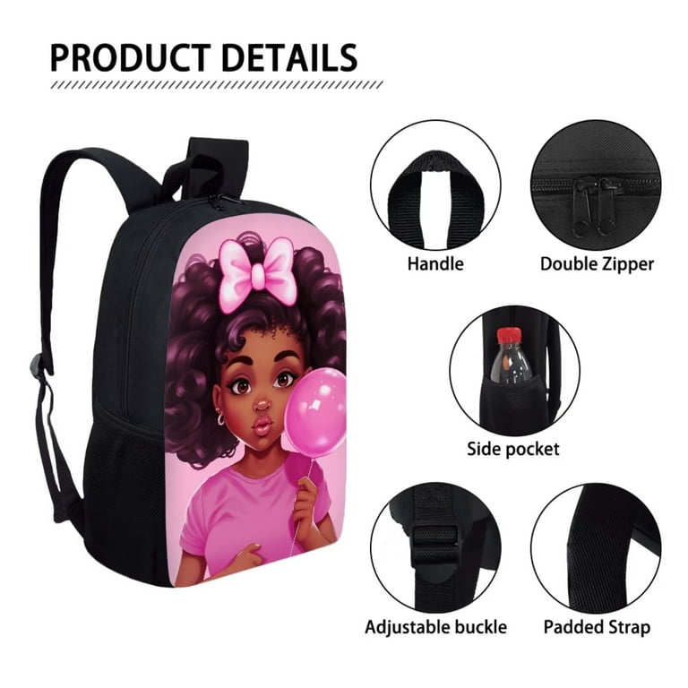 POLERO 4 Pcs African American Black Girl School Backpack Set Travel Bookbag Pencil Box Lunch Bag with Thermal Insulated Protective Water Bottle Cup Cover for Little Kids Girls Teens Pink Bubble