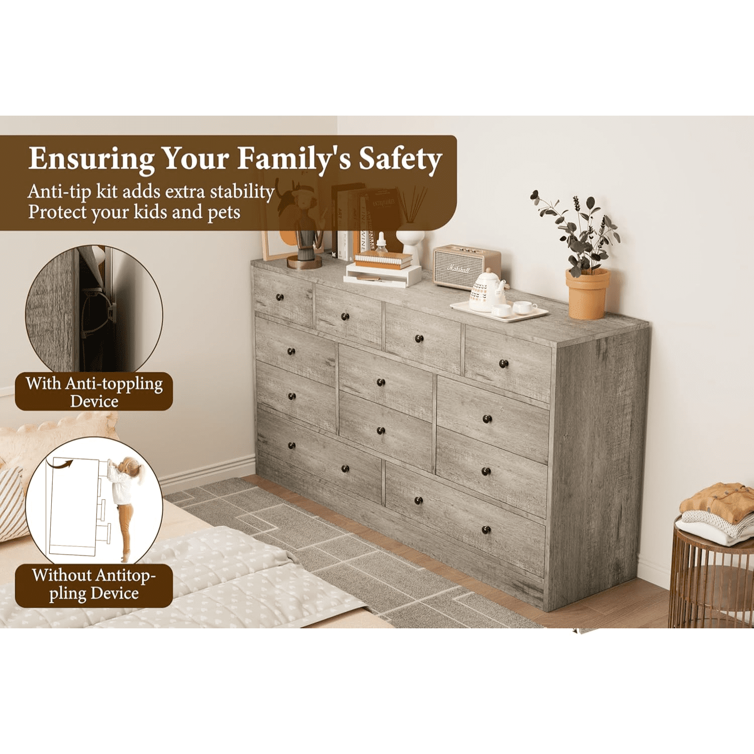 12 Drawer Dresser for Bedroom, 61 Inch Dresser with Power Outlet, Modern Chest of Drawer, Wood Triple Wide Drawer Organizer Cabinet for Bedroom, Living Room, Entryway, Hallway