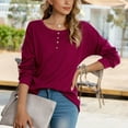thumbnail image 3 of Blusa con botones en la parte delantera, cuello redondo, manga larga, color puro, informal, suelta, con botones suaves, para mujer, color rojo vino XXL, 3 of 7