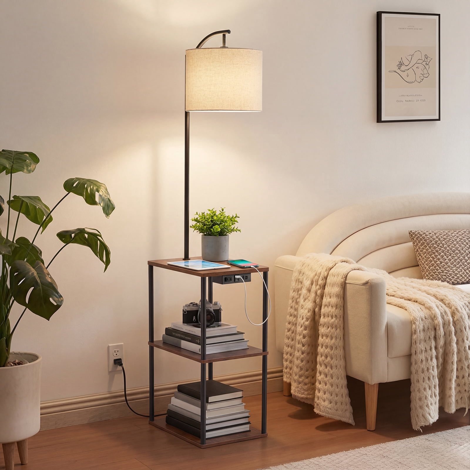 Vesteel Floor Lamp with Table, End Table with Charging Station(USB & Type-C & AC Port), Shelves Side Table with 3 Color Temperature LED Bulb, Nightstand Lamp for Living Room, Bedroom