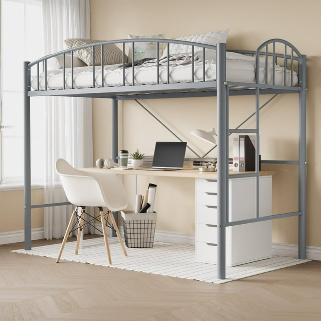 Yiwa Twin Size Metal Loft Bed with Safety Ladder & Arched Guardrail, Space-Saving Modern Frame, Sturdy Metal Slats, No Box Spring Required