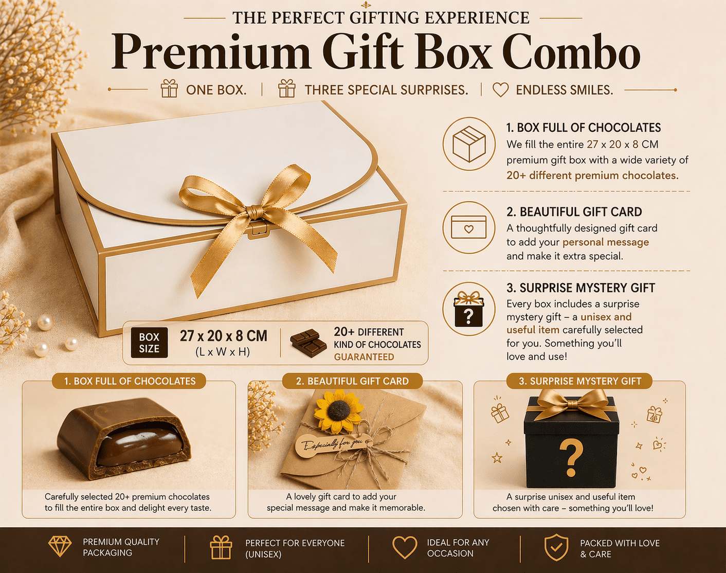 Chocolate Gift Box for Her – 20+ Assorted Chocolates, Greeting Card & Mystery Gift Hamper for Women, Wife, Girlfriend, Mom, Sister