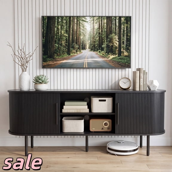 Hassch 58" TV Stand with 2 Sliding Doors, Media Console Table with Storage for TVs up to 65", Entertainment Center for Living Room, Black