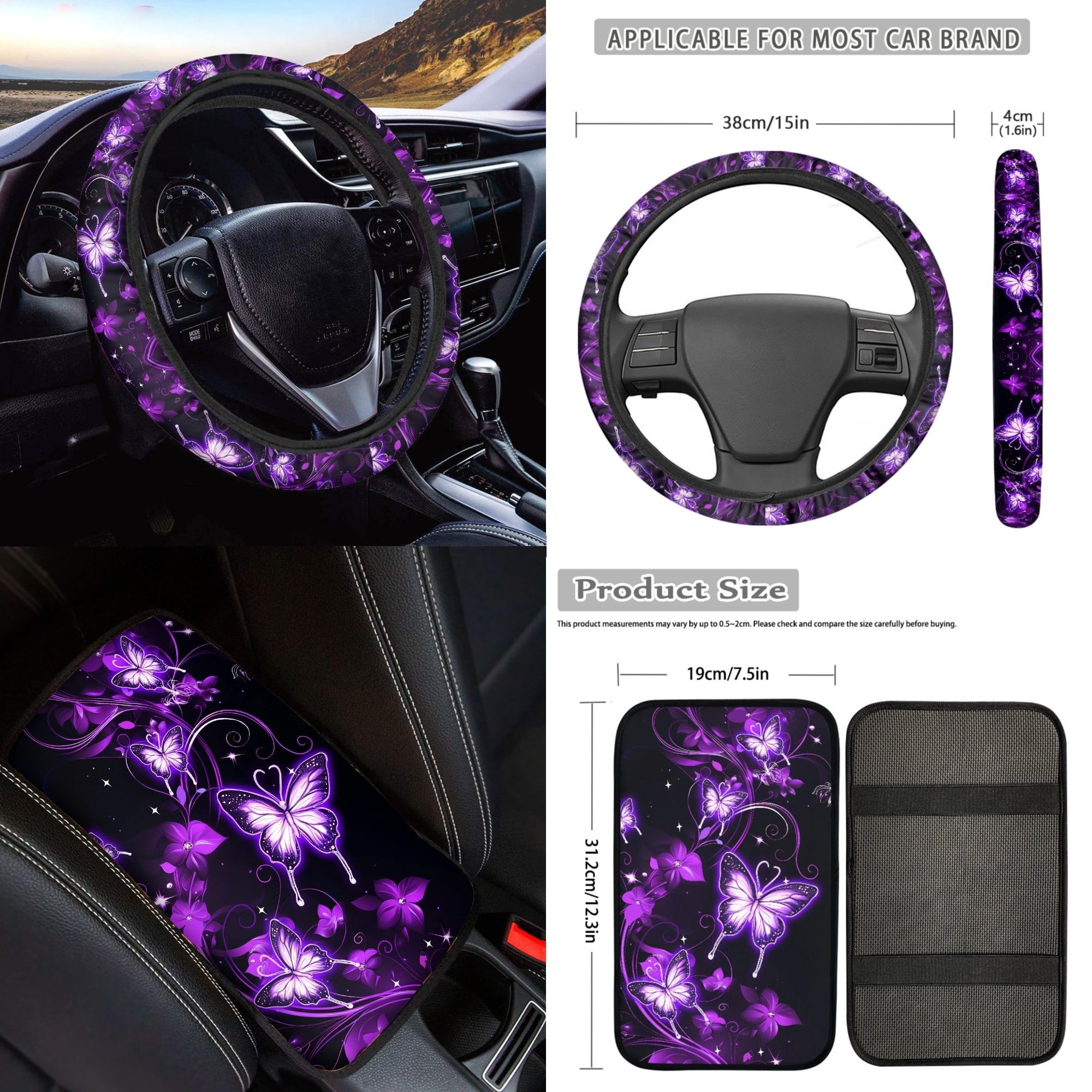 Jeiento Butterfly Car Seat Cover Full Set Car Floor Mats Steering Wheel Cover Seatbelt Pad Armrest Cover Coaster Keychains Chapstick Holder 17 Pack Auto Interior Accessories, Purple