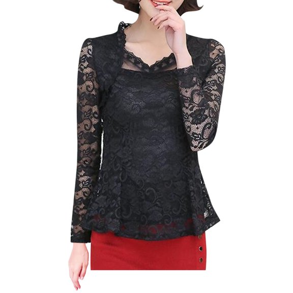Women's T-Shirts Long Sleeve Womens Fall Tops Lace Crocheted Elegant Lace Blouses Casual Black 2XL