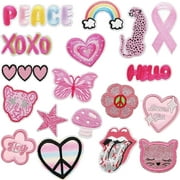 18 Pieces Preppy Patches Pink Iron on Patches for Kids Girls, Cute Love Repair Decoractive Patch for Clothing Design Backpack Jackets Hats Jeans Shirt DIY Craft Decorations
