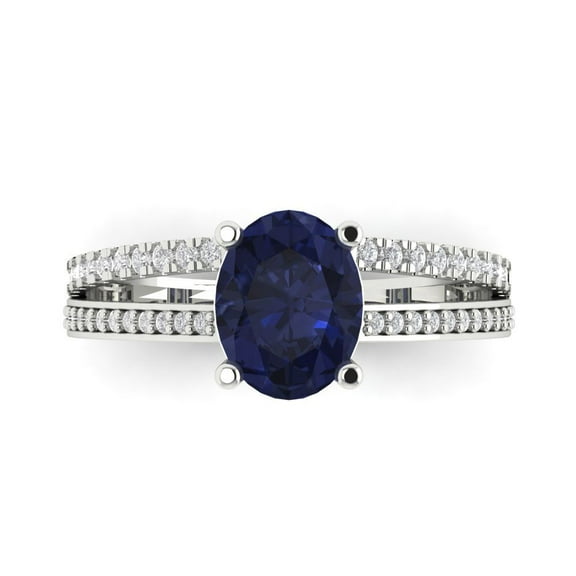 2.32 ct Oval Cut Simulated Blue Sapphire Solitaire with Simulated Diamond Accents 14K White Gold Womens Engagement Ring