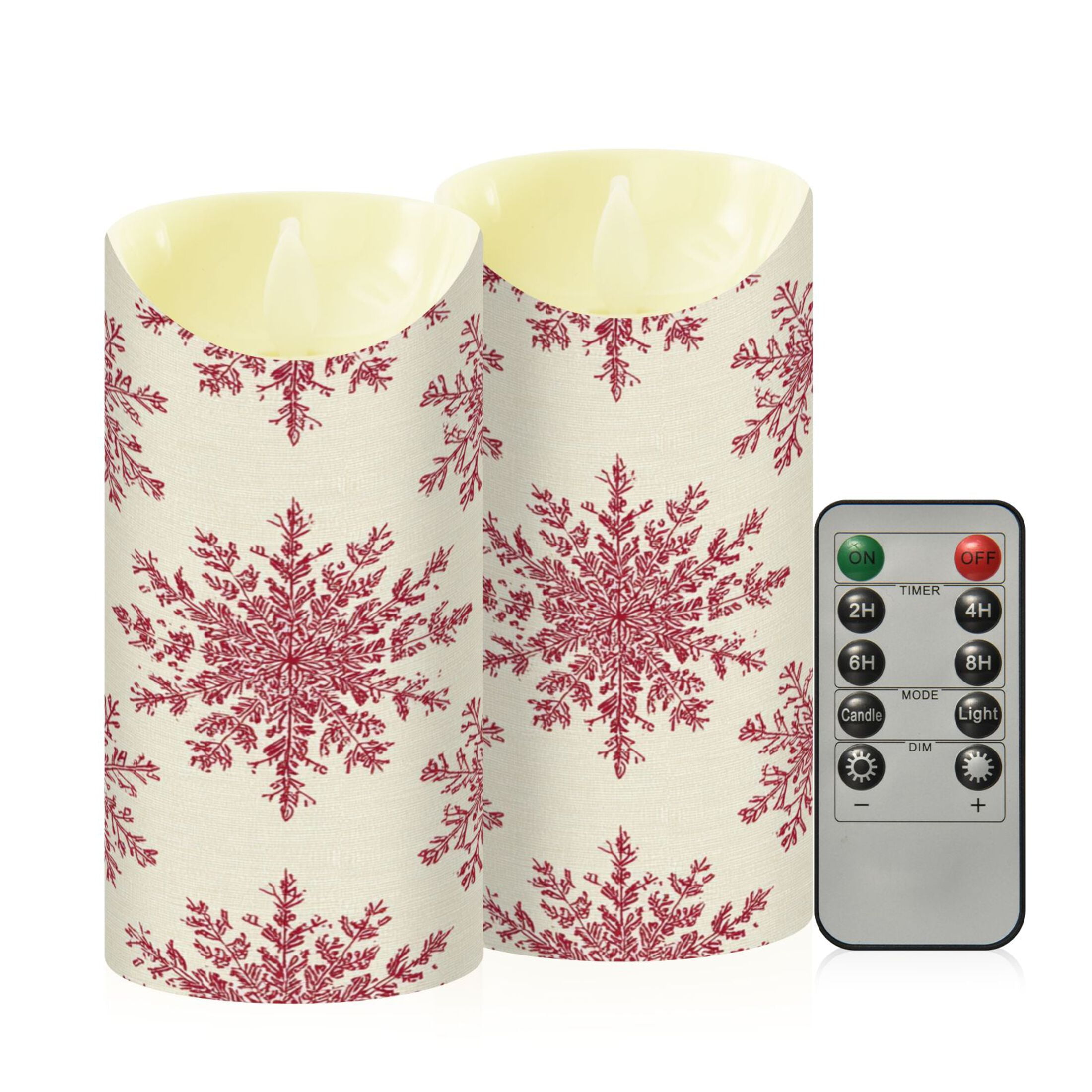 2 PCS Tilted Flameless Candles Flickering LED Lights Battery Operated Candles with Remote Timers for Holiday Decor Elegant Red Snowflakes Pattern