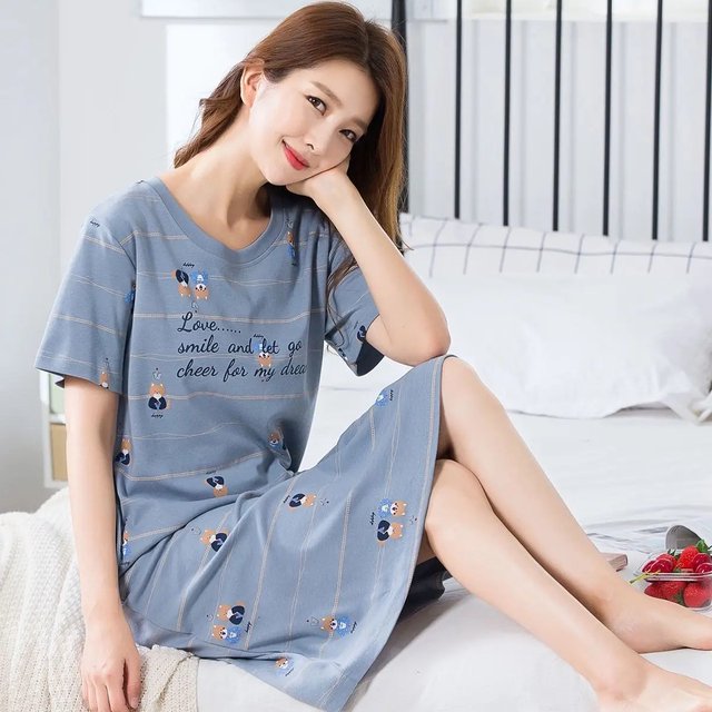 Pyjama Décontracté Grande Taille à Motif d'Ourson, Col Rond, Manches Courtes, Pyjama pour Femmes, Été, Longueur Genou, Robes QZX