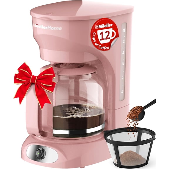 YANTON HOME 12-Cup Pink Coffee Maker - Borosilicate Carafe, Auto-Off, Pink Kitchen Accessories, Reusable Filter, Anti-Drip, Kitchen Appliances, KeYANTON-Warm Function, Kitchen Décor