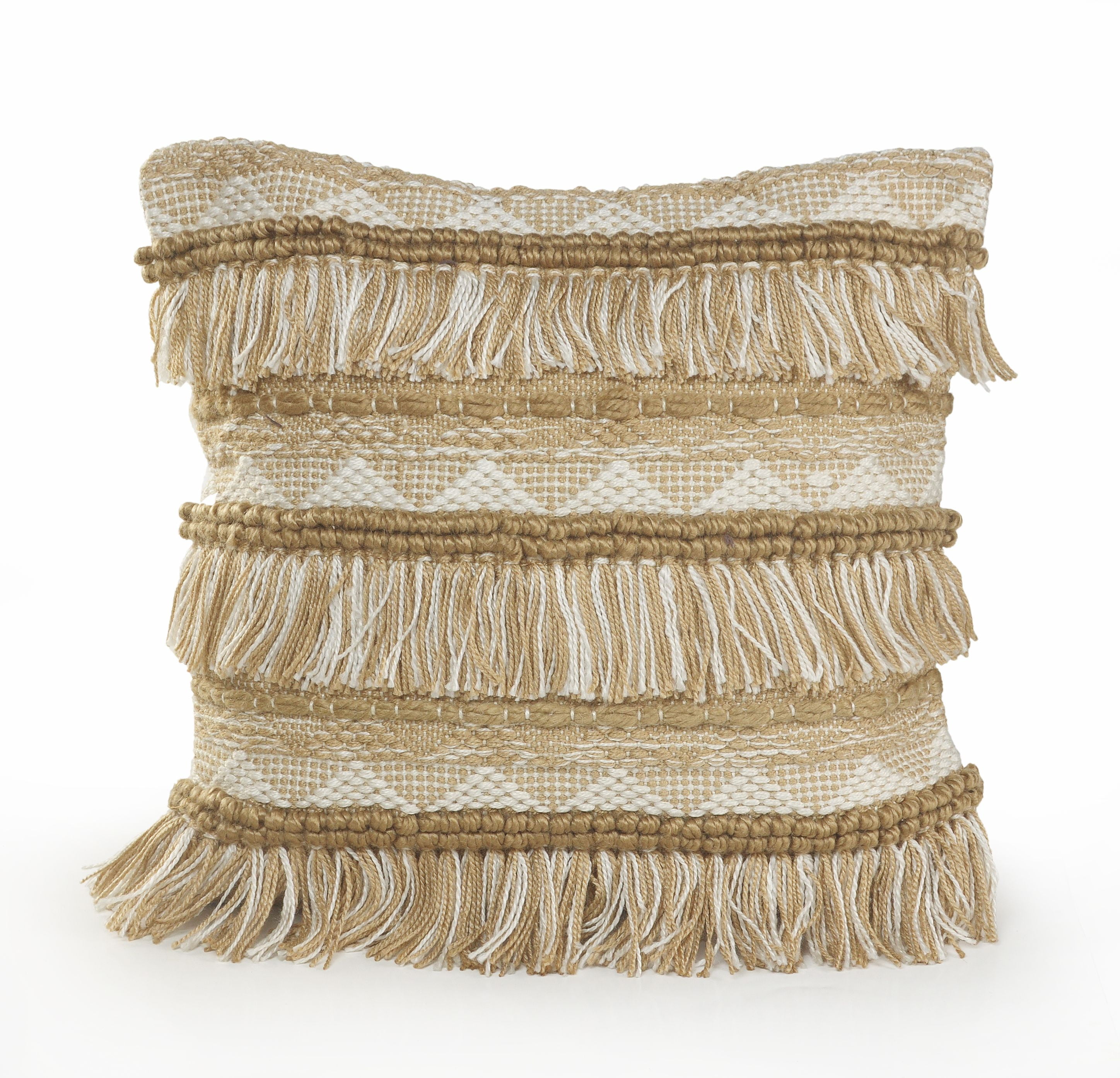 LR Home Fringe Geometric Throw Pillow, Beige / White, 20" Square, Count