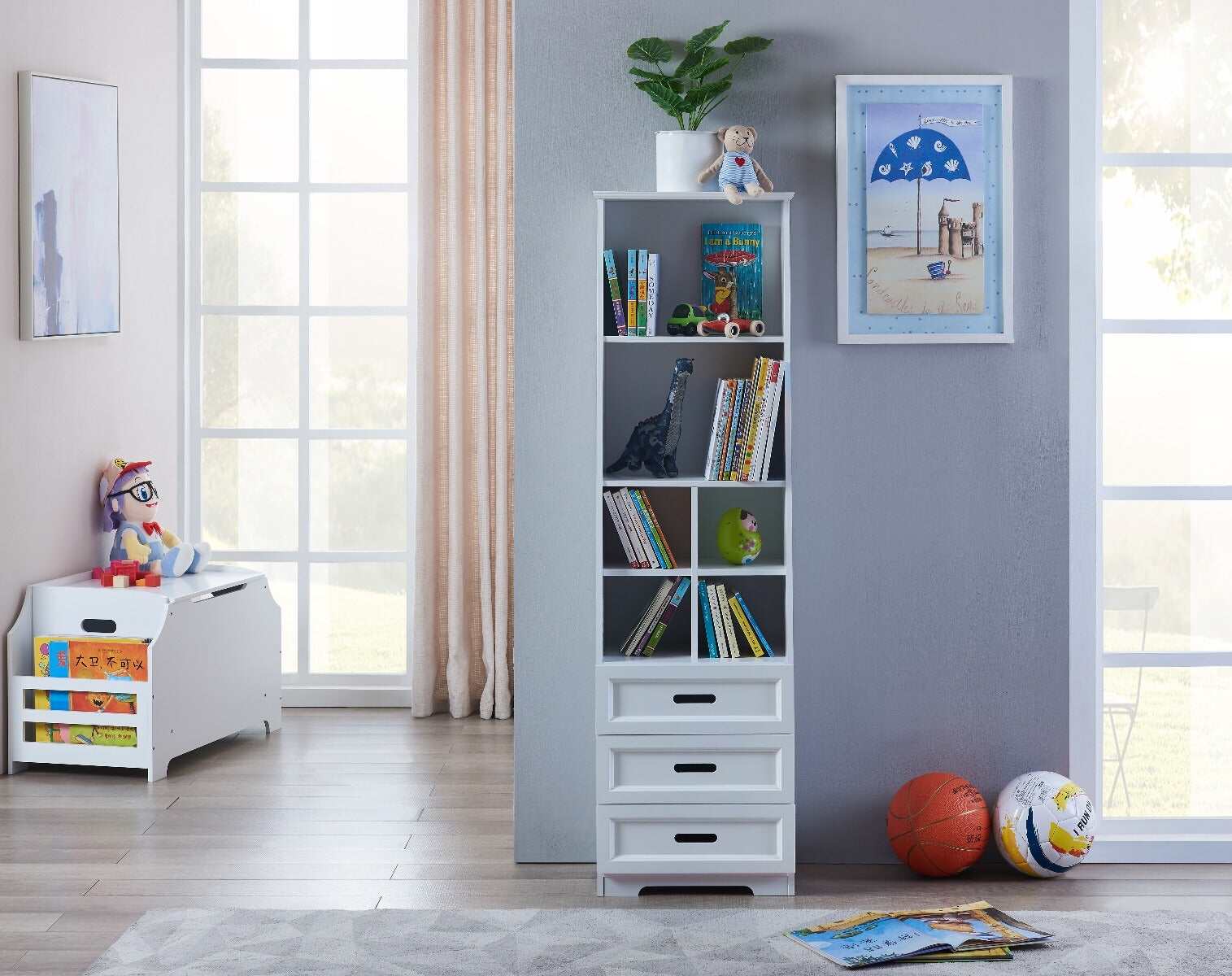 Kids Furniture Kids Funnel White Bookcase Book Shelf Storage Unit with Book Display/Organizer Drawers - Classic White Color,Baby Furniture