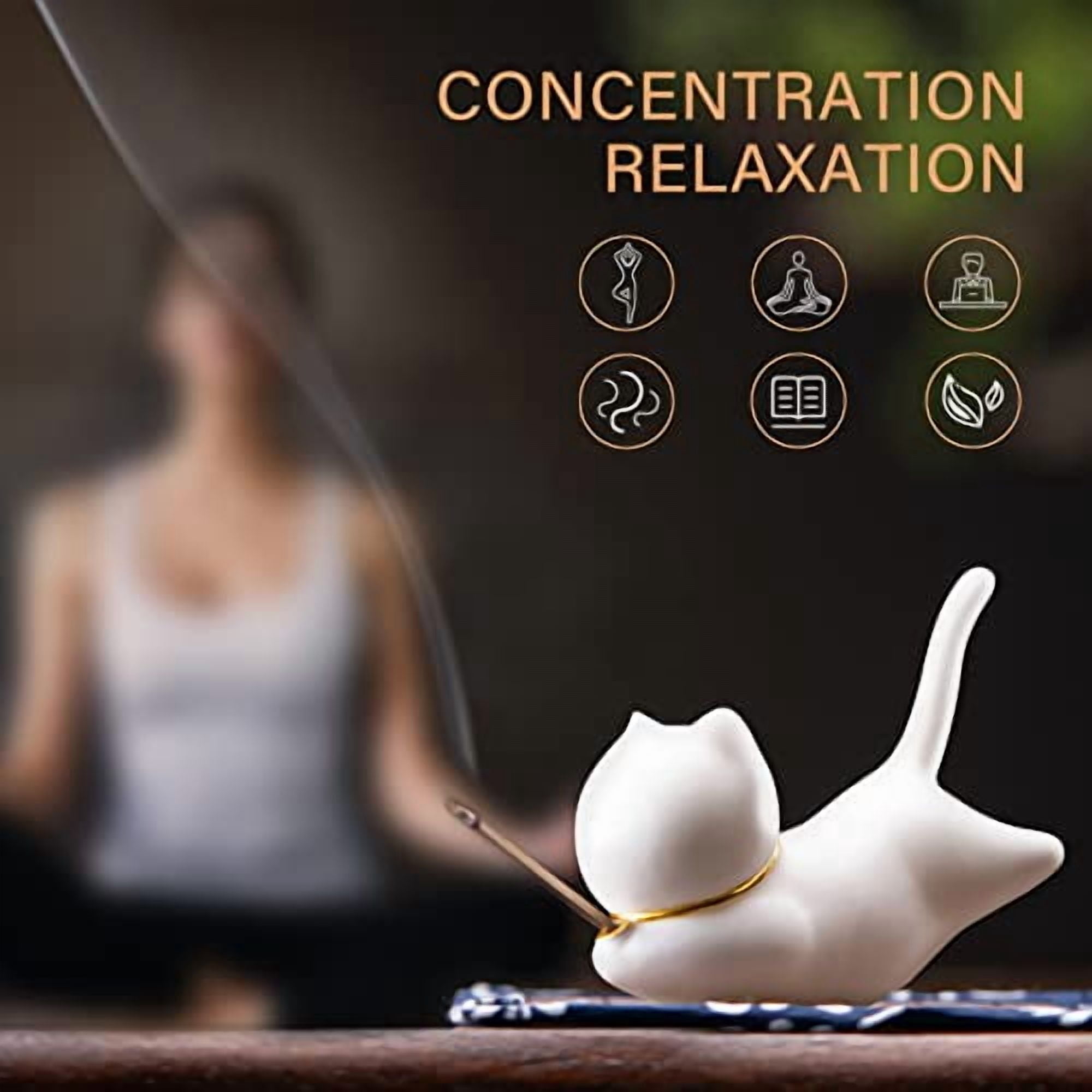 Incense Holder Handmade Ceramic Incense Burner with 30 Sandalwood Insence-Stick Holder with Bamboo Mat, Cute Cat Decor Incense Holder for Sticks for Aromatherapy/Yoga/Meditation/Ho