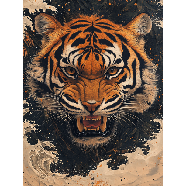 Qisvanset 12x16 Inch 2D Flat Framed Canvas Art, Panoramic Bengal Tiger Japanese Style Wildlife Wall Art Home Decor