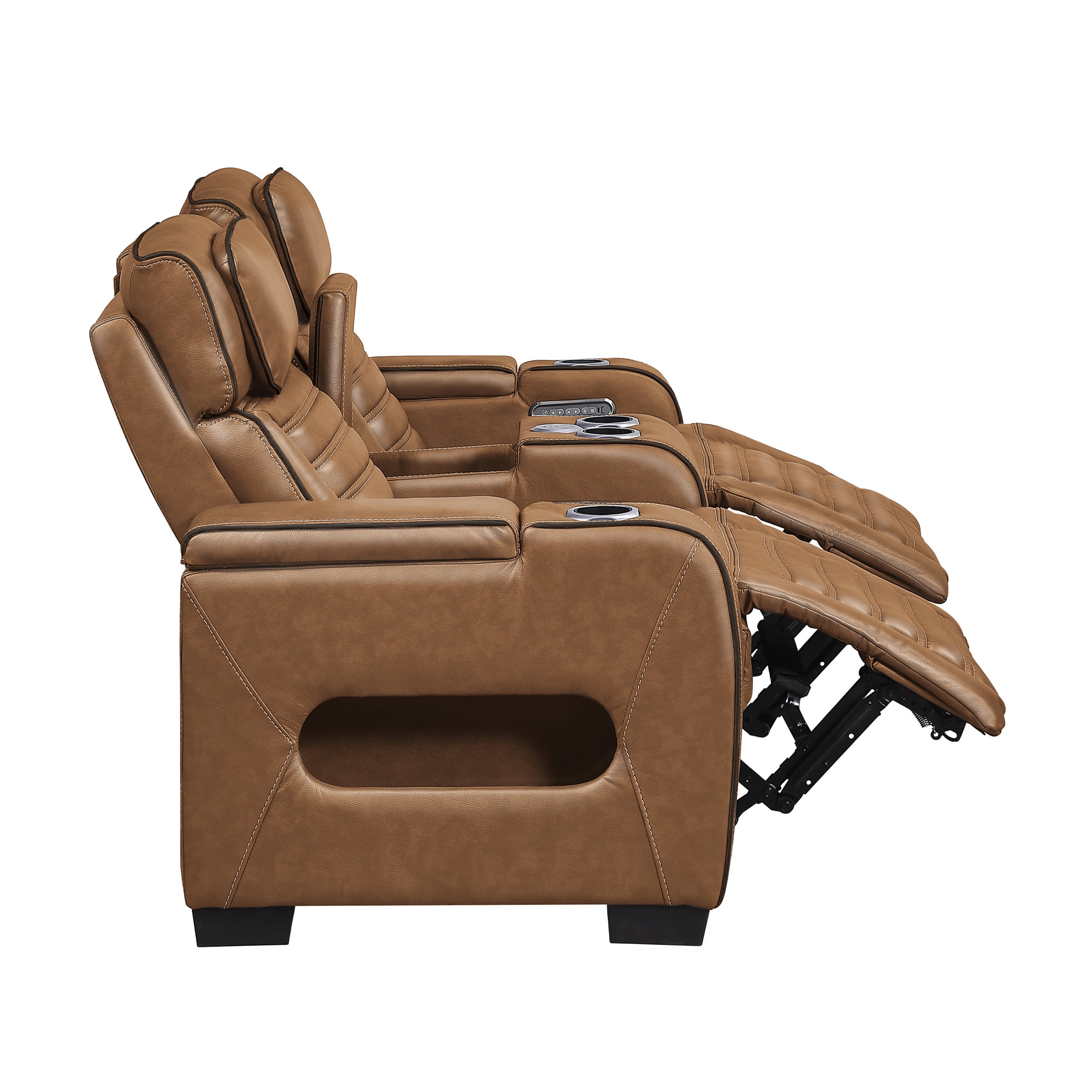OakvillePark Elantra Leather Match Power Double Reclining Love Seat with Center Console/Power Headrests/Storage Arms/Cup Holders/Wireless speakers/Air Massage/Heat/LED Lighting/Charging Ports, Brown