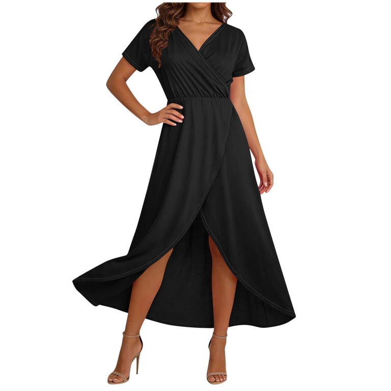 Summer Beach Dresses for Womens 2026 Fashion Plus Size Wrap V-Neck Short-Sleeve Maxi Dress With High Slit Multiple Colors