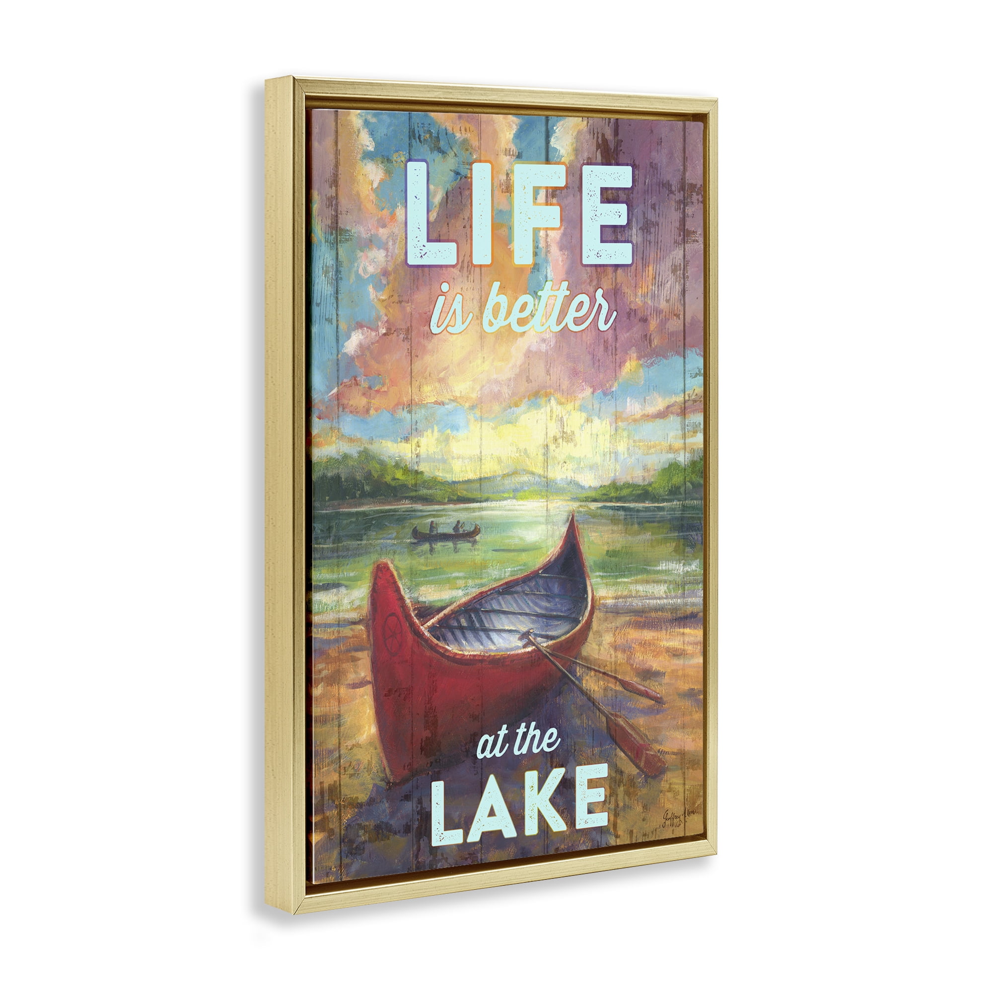 Stupell Industries Life At Lake with Canoe Transportation Painting Gold Floater Framed Canvas Art Print Wall Art, 21 x 31
