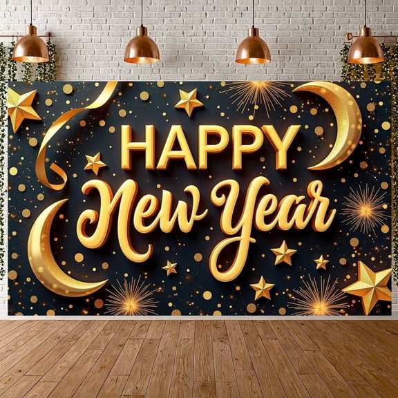 Gold Colored Happy New Year Banner Starry Pattern New Year Display Crescent Moon Design Firework Elements Festive Backdrop for New Year Party Indoor Celebration Holiday Event