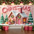 thumbnail image 4 of Pink Theme Christmas Banner Gingerbread House Design Holiday Banner Candy Cane Pattern Snowy Roof Xmas Banner for Christmas Party Indoor Decoration Family Gathering, 4 of 9