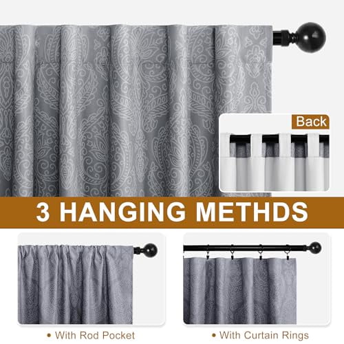 Hiasan Ombre Blackout Curtains for Bedroom - Back Tab & Rod Pocket Elegant Damask Design Thermal Insulted Window Drapes with Tiebacks Light Blocking Curtains, 2 Panels, W42 x L84, Black