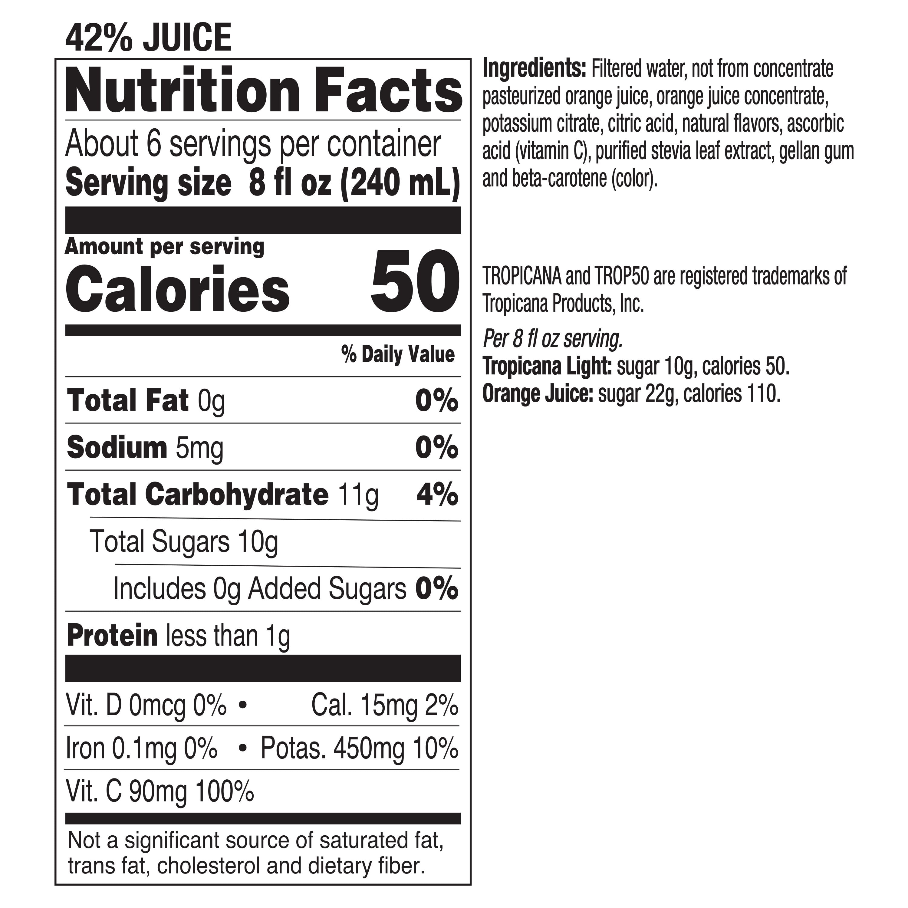 (2 pack) Tropicana Light No Artificial Sweeteners, Less Sugar Some Pulp Orange Fruit Juice, 52 oz Bottle