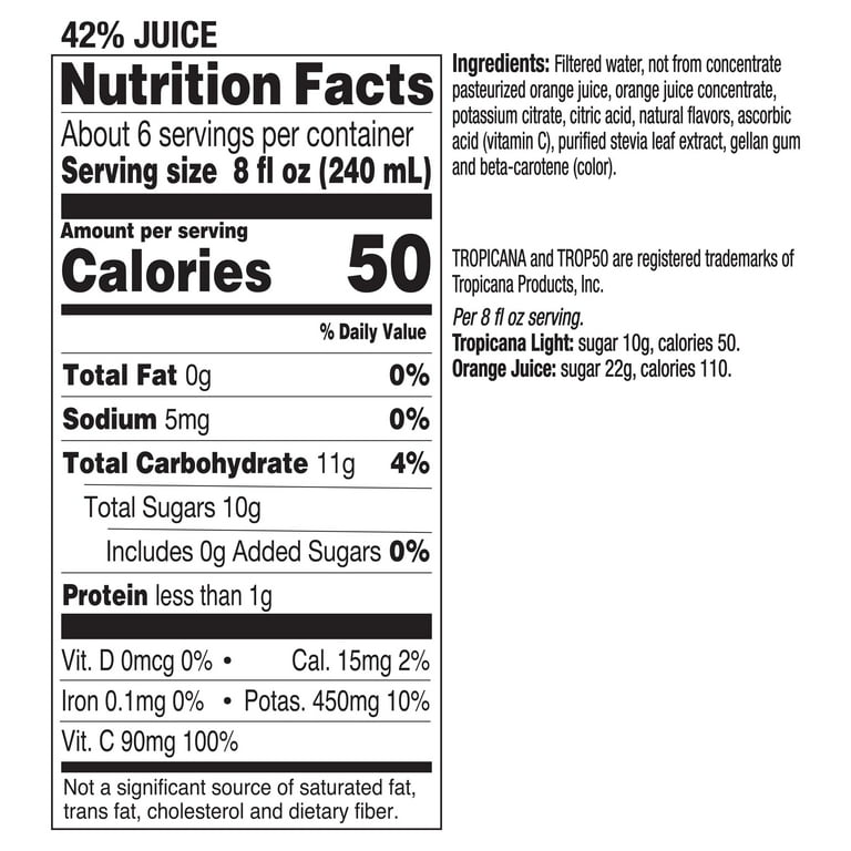 Tropicana Light Orange Juice, Some Pulp, Less Sugar, No Artificial
