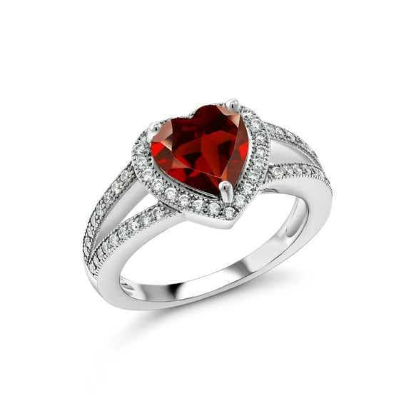 Gem Stone King 925 Sterling Silver Red Garnet & White Moissanite Ring for Women | 2.71 Cttw | Gemstone Birthstone | Heart Shape 8MM | Available in Size 5,6,7,8,9
