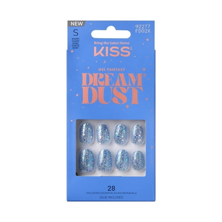 KISS Gel Fantasy Dreamdust Dreamdust, Press On Nails, grwm, Blue, Short Oval, 28 Count