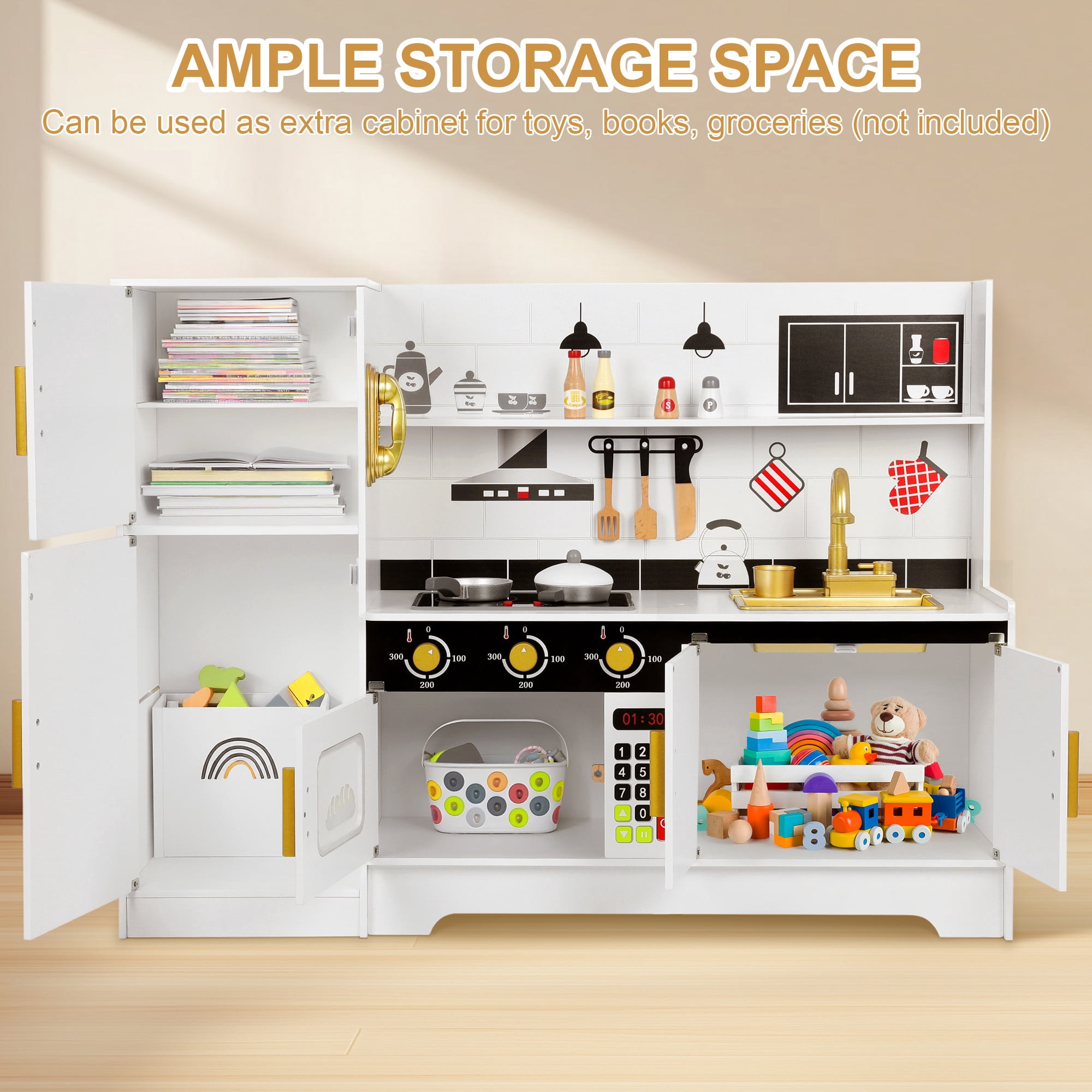 Wisairt Pretend Play Kitchen Set, 43.7" Extra Long Wooden Play Kitchen for Kids w/ Chef's Costume, Telephone, Stove, Sink, Oven, Realistic Lights Sounds - White & Gold