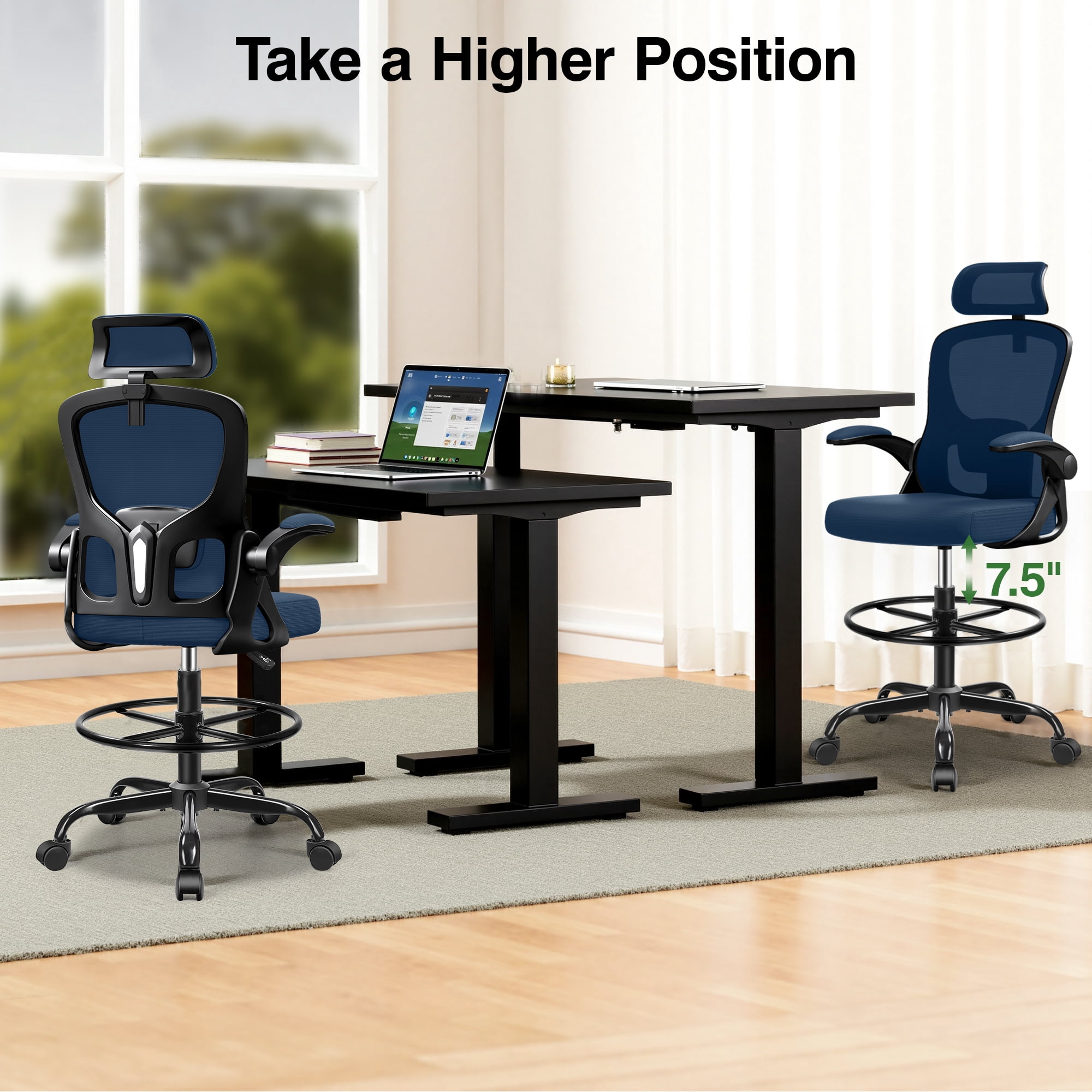 ATHOPE Office Chair Ergonomic Desk Chairs, Mesh Computer Chair with Headrest and Flip-up Arms, Adjustable Home Office Desk Chair with Lumbar Support Footrest Ring for Standing Desk, Navy Blue